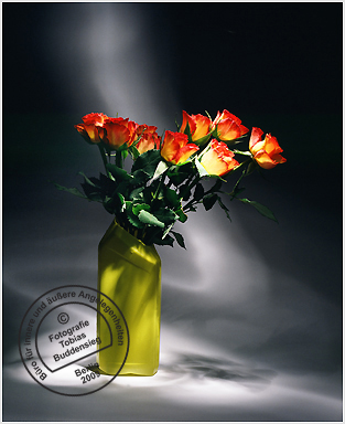 Blumen 14 - Gelbe Flasche mit orangen Rosen